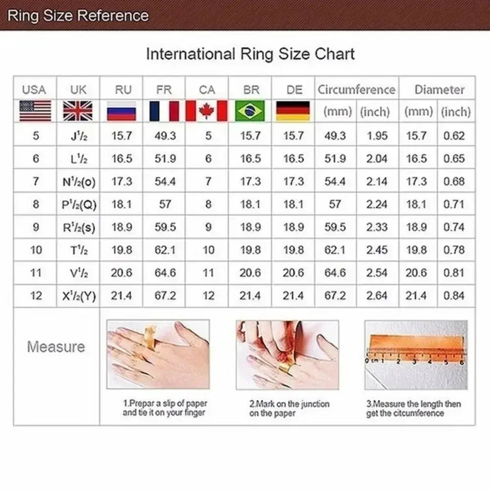 Tabla de tallas de anillos internacional con medidas en mm e inch para anillo plateado con lazo y piedras multicolor.